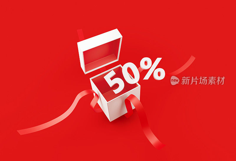 销售概念- 50%的折扣从一个白色的礼盒与红丝带